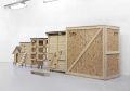 Unpacking my Dearest Invaders, 2016, Wood, plywood, chicken wire, door hinges, wheels, corrugated bitumen roof, 120 x 700 x 220cm, work by Dan Vezentan (c) Dan Vezentan 2016