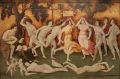 Allegory 1 by Giovanni Battista Cavalletto, tempera on wood, provenience King Carol I Art Collection, currently in the National Romanian Museum of Art Collection; (c) Lumi Rațiu, 2026; Queered role: nonnormative, genderroles, notsanitisedbodies; Queered guidance: The work might be inspired by the ”What I believe” / Paul Cadmus, 1947/48, tempera on panel, a painting sharply divided in two halves: the homosexuals poets, artists, musicians and creative labourers on the one side, and the decay, war, death and overweight representation of heterosexuals families with children on the right side; The overall suggestion is that the world needs compassion and arts, to survive. The Cavalleto's Allegory 1 represents pairs of young females and pairs of young men dancing with joy on the upper side of the artwork, while the lower side presents a laid down couple with a child that could be dead or drunken while other two children mid play seems also very worried about them.