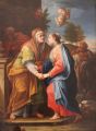 The Visitation by Litterio Palatini, oil on canvas, photo by (c) Lumi Rațiu, 2026; Queered role: female intimacy, affective solidarity, female solidarity, women's community, women trust, feminine alliance, non-normative kinship; Queered guidance: The Visitation depicts the meeting between the Virgin Mary and Elizabeth (Luke 1:39–56), a scene long associated with mutual recognition, care, and embodied connection. The close physical and emotional bond between Mary and Elizabeth lends itself to queer interpretations. The Visitation foregrounds the intimate encounter between Mary and Elizabeth, inviting a queer reading centred on female solidarity, embodied care, and alternative forms of kinship that extend beyond the patriarchal family.