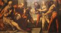 The Adulteress before the Pharisees, by Pietro della Vecchia, known as Pietro Muttoni, oil on canvas, 242,5 x 152,7 cm, photo by (c) Lumi Rațiu, 2026; Queered role: woman stressed by men, feminism, queer-feminism, victimisation, patriarchal justice, gendered double standard, female agency, misogyny, public shaming; Queered guidance: The painting exposes legal and moral systems that disproportionately punish women. The adulteress is portrayed as the target of public humiliation, gendered blame, and patriarchal violence. The woman's vulnerability stems from the intersection of gender, social status, and legal power. Female sexual transgression is punished more visibly than male transgression. The scene foregrounds the unequal policing of female sexuality and the woman's lack of agency within patriarchal structures. The woman is condemned while her male partner remains absent from judgment. The painting exposes legal and moral systems that disproportionately punish women.